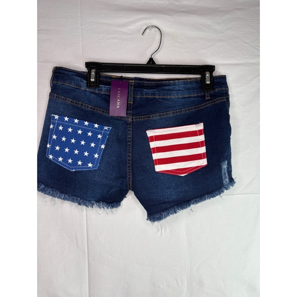 NWT LASCANA Denim Shorts Distressed American Flag Pockets Frayed‎ Hem size 8